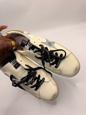 Golden Goose White Leather Sneakers with Silver Star and Black Laces